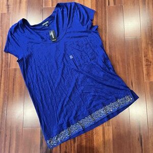 New NWT Express Dark Royal Blue T Shirt Top Embellished Hem Short Sleeve M